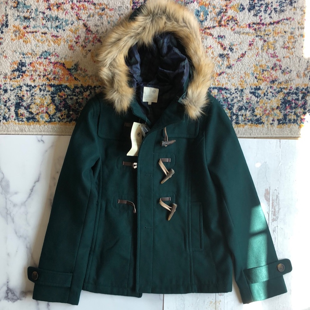 Green Duffle Coat w/ Fur-Lined Hood